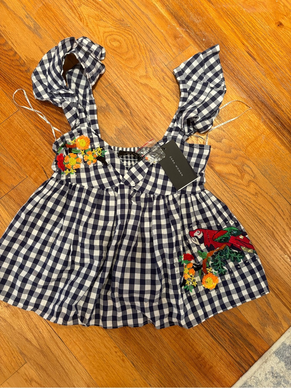 Zara Navy and White Gingham Embroidered Ruffle Strap Top